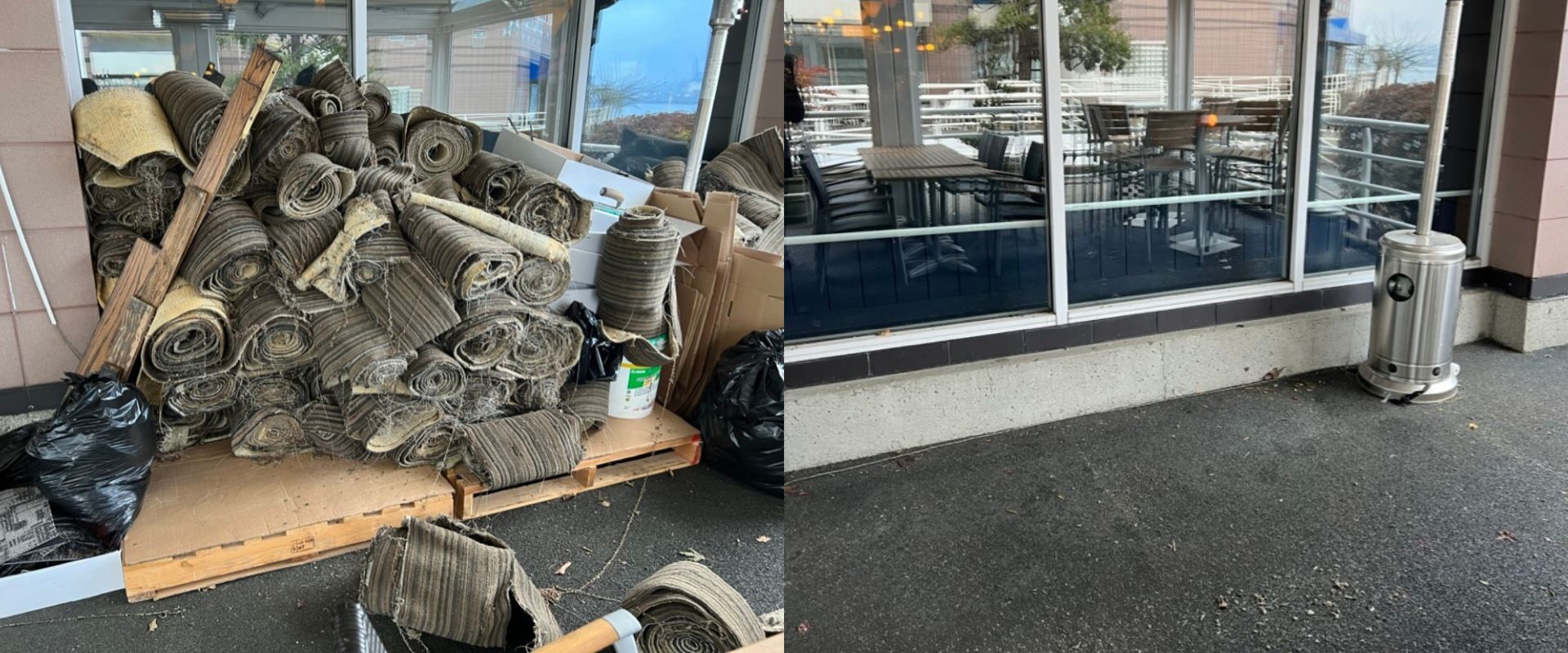 Carpet removed from commercial business piled up and ready to be disposed of